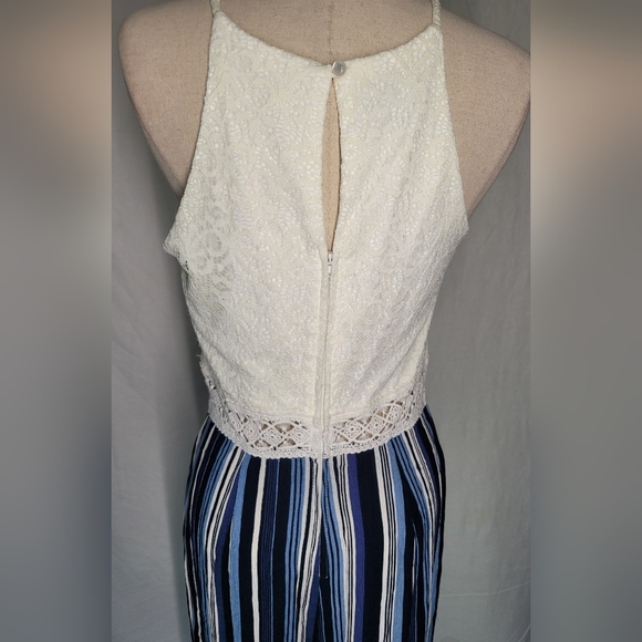 NWT I.N. Blue White Stripe Sleeveless Lace Bodice Wide Leg Jumpsuit, Sz 11 - Picture 7 of 15